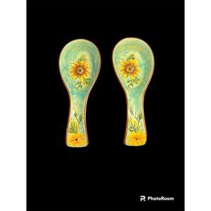 2pc MAXCERA Corp. Hand Painted Terracotta Sunflower Spoon Rests